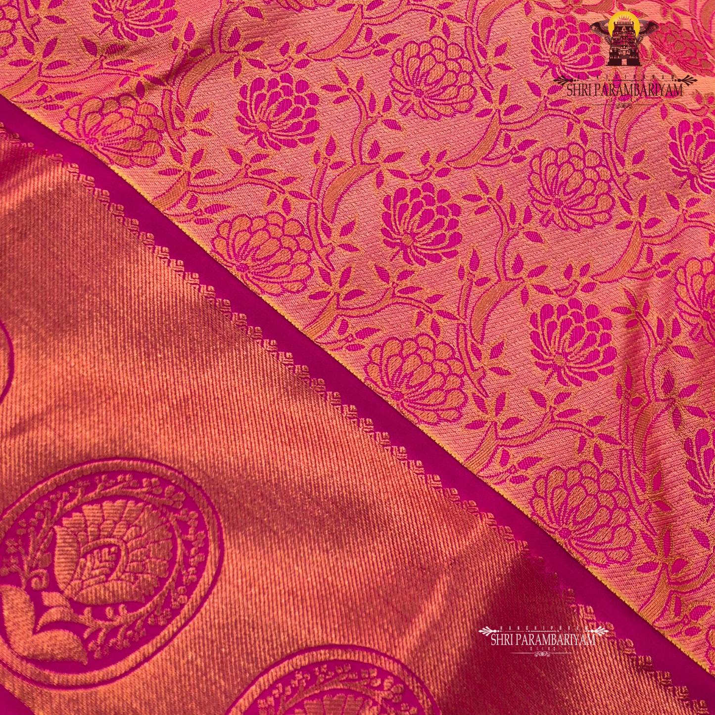 Warm peach-pink with a subtle tissue shimmer Saree