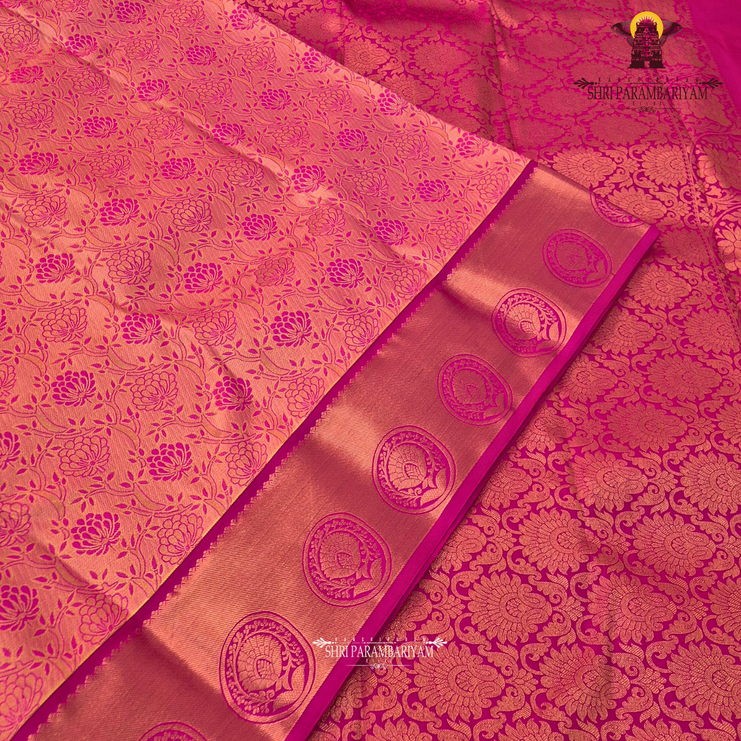 Warm peach-pink with a subtle tissue shimmer Saree