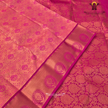 Warm peach-pink with a subtle tissue shimmer Saree