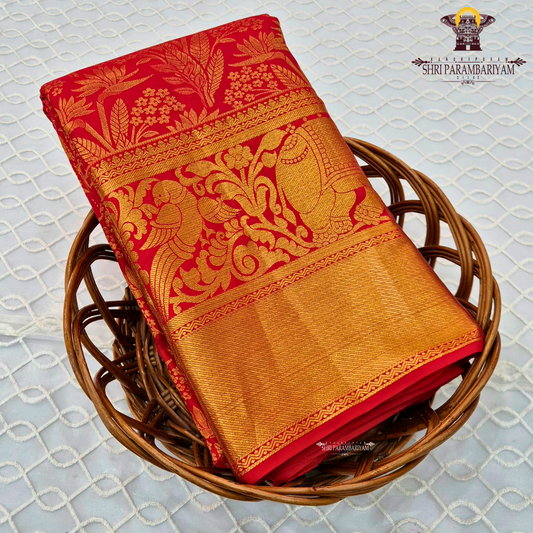 Rich bridal red base with Accentuated with bright gold zari work Saree