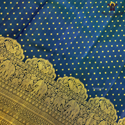A rich Royal Blue (deep cobalt/navy-blue tone) with antique gold zari Saree