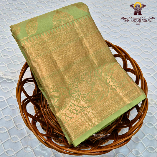 Pastel leaf green with rich gold zari and subtle meenakari accents Saree