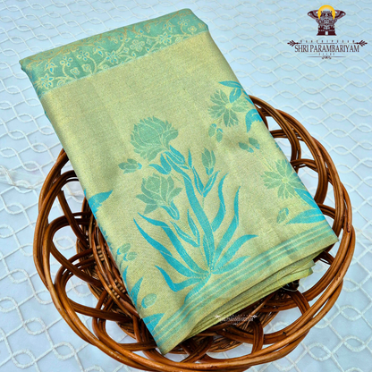 A soothing pastel pista green with a soft gold tissue sheen Saree