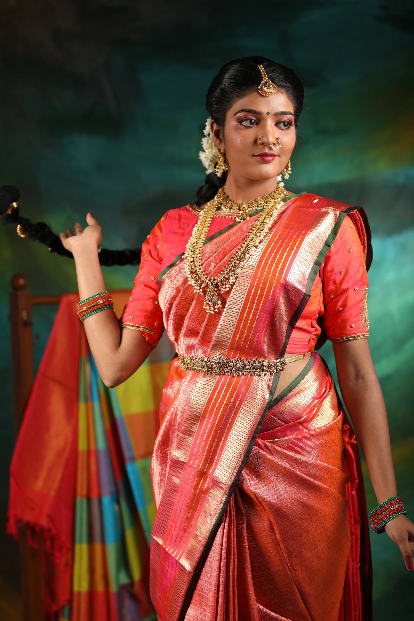 Traditional Coral Pink Silk Saree