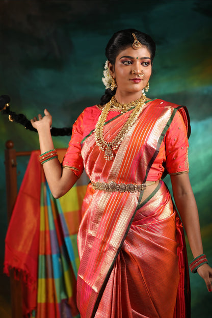 Traditional Coral Pink Silk Saree