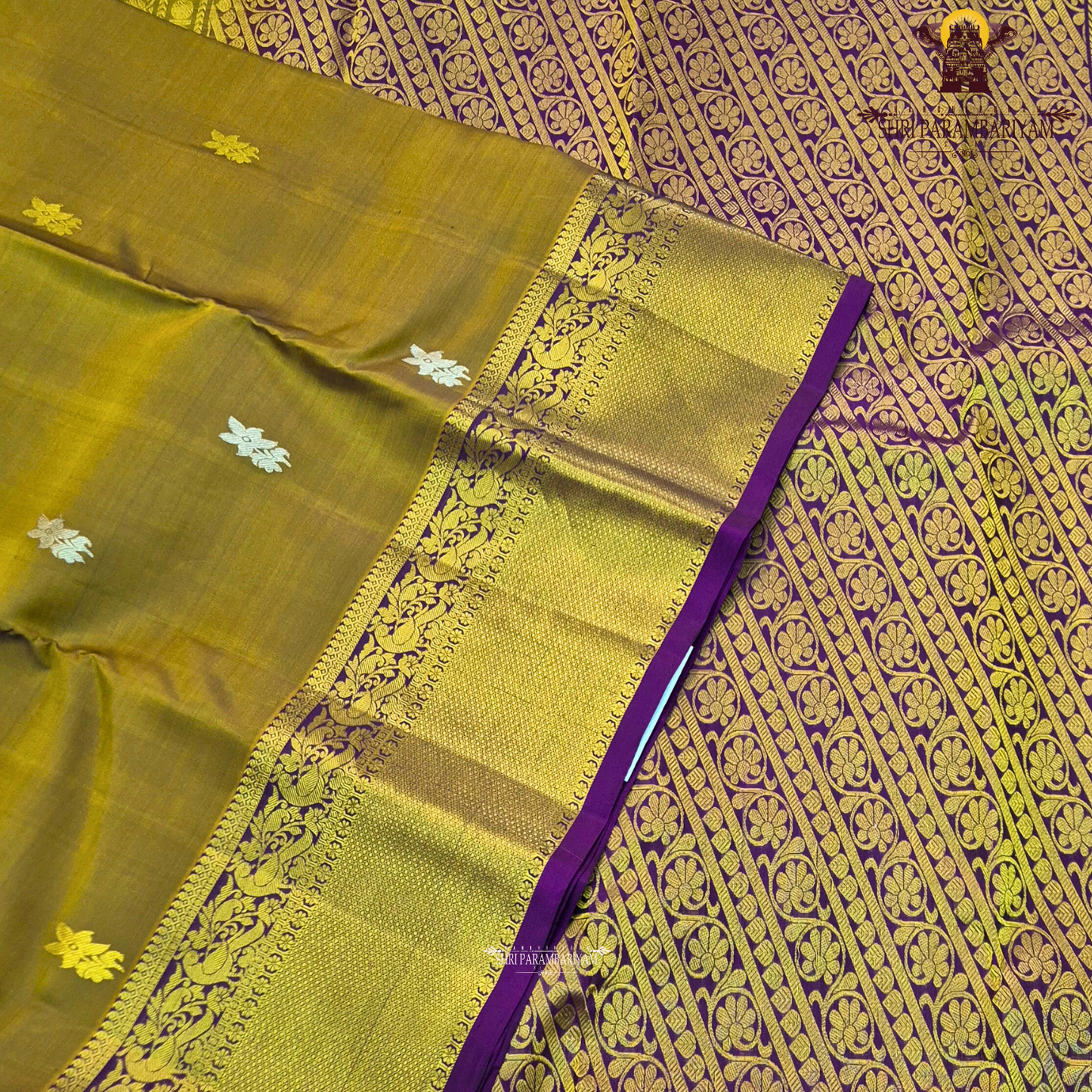 A rich mustard gold body paired with a contrasting deep purple 2-inch border enhanced with intricate gold zari Saree