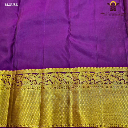A rich mustard gold body paired with a contrasting deep purple 2-inch border enhanced with intricate gold zari Saree