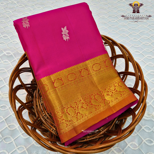 Bright Rani Pink (deep, vibrant pink tone) with rich Gold zari border Saree