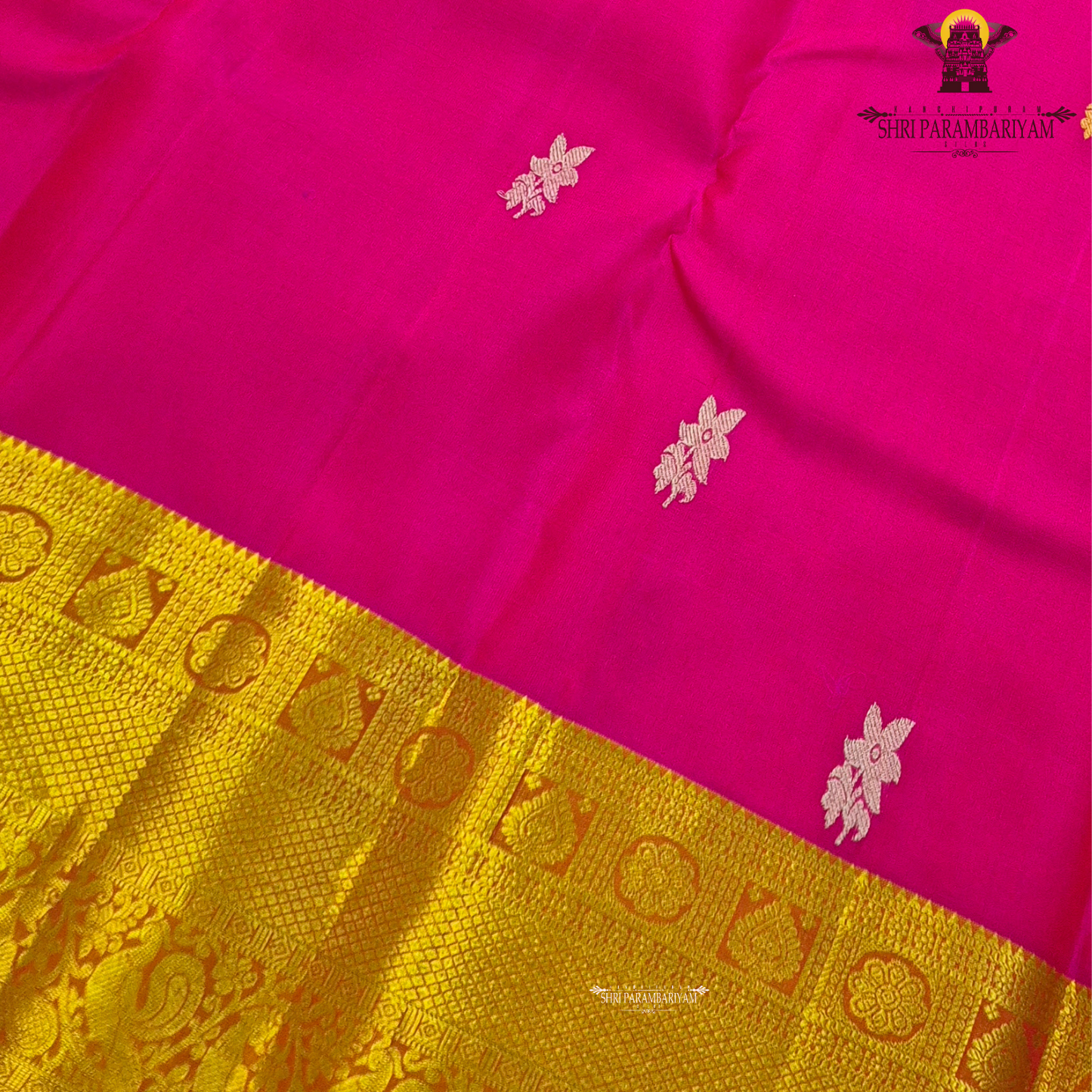Bright Rani Pink (deep, vibrant pink tone) with rich Gold zari border Saree