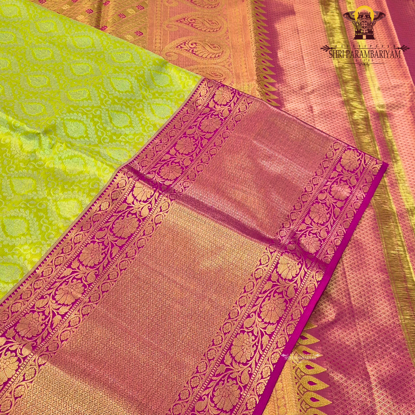 Vibrant lime green with rich pink contrast and golden zari Saree