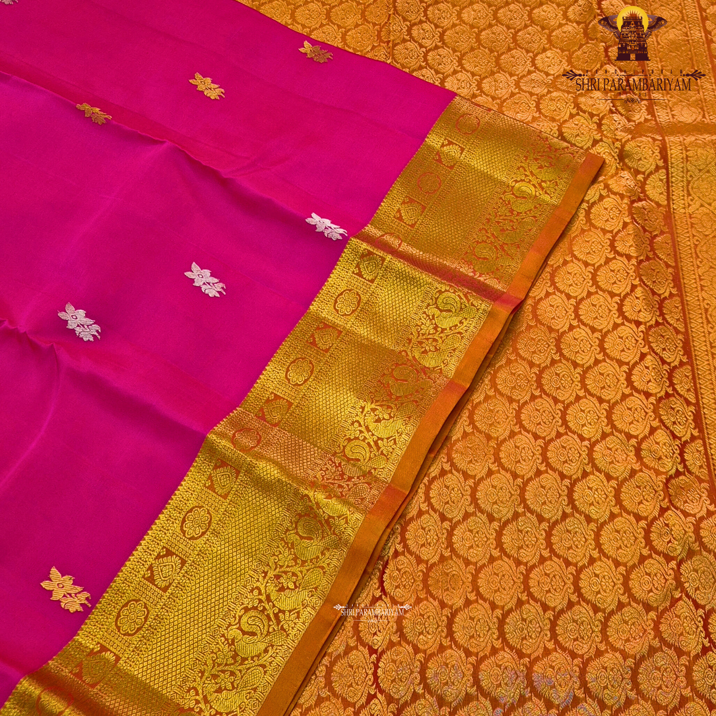 Bright Rani Pink (deep, vibrant pink tone) with rich Gold zari border Saree
