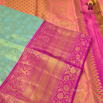 Soft pastel green with vibrant pink contrast and golden zari Saree