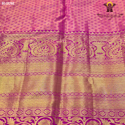 Soft pastel green with vibrant pink contrast and golden zari Saree