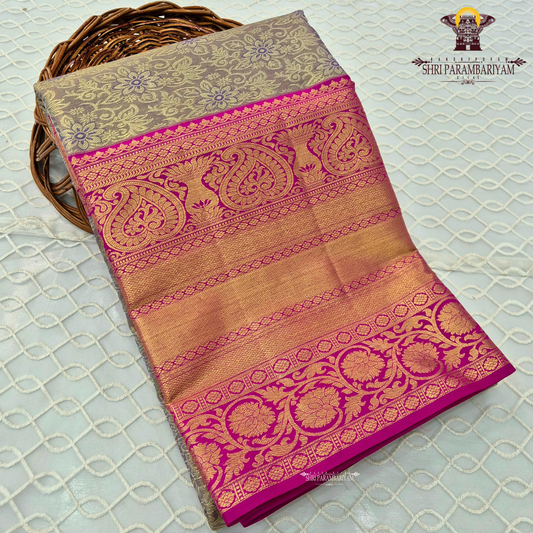 Elegant dual-tone combination of metallic grey (silver-grey) Saree