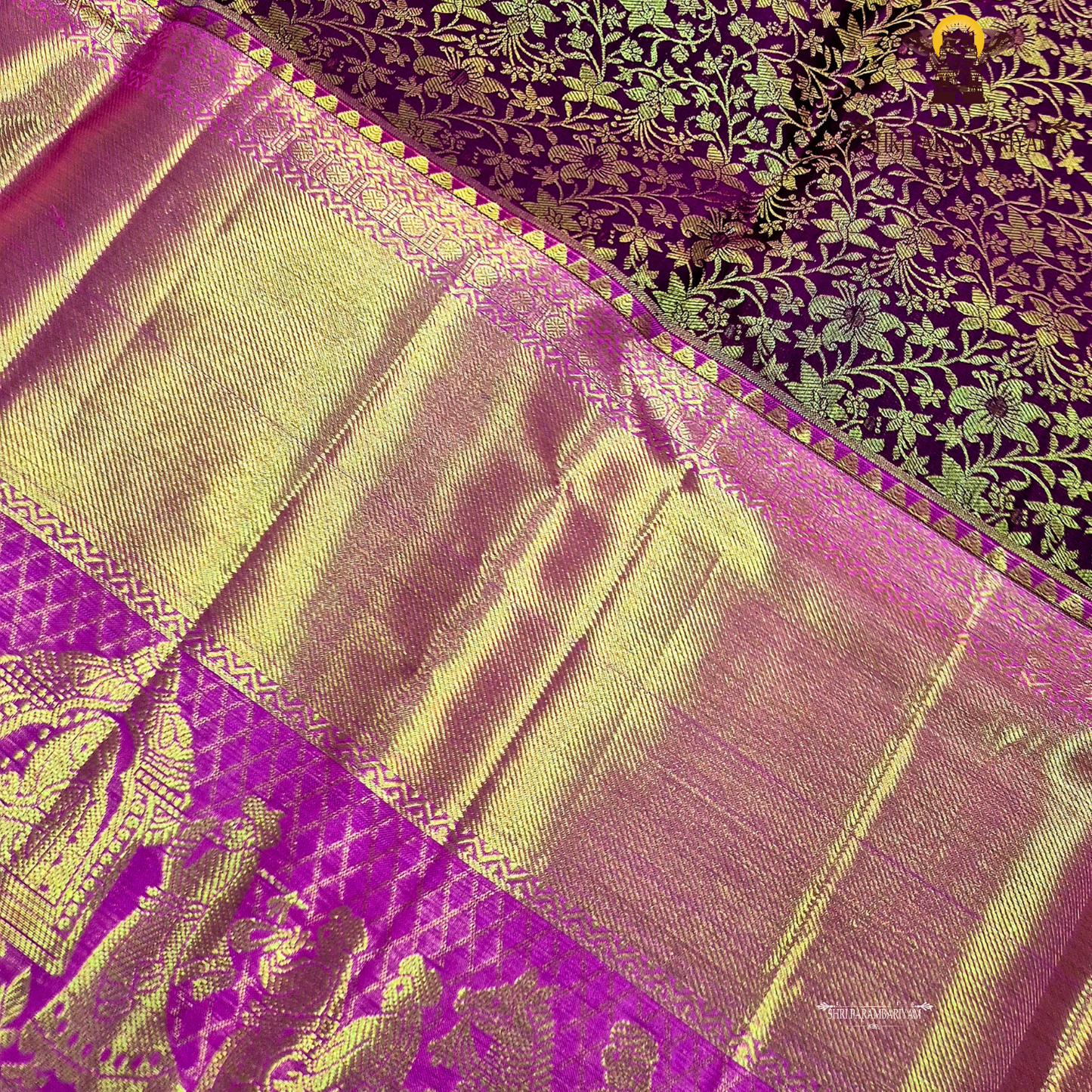 A graceful peachy gold (soft rose gold) body paired with a rich rani pink (bright magenta) Saree