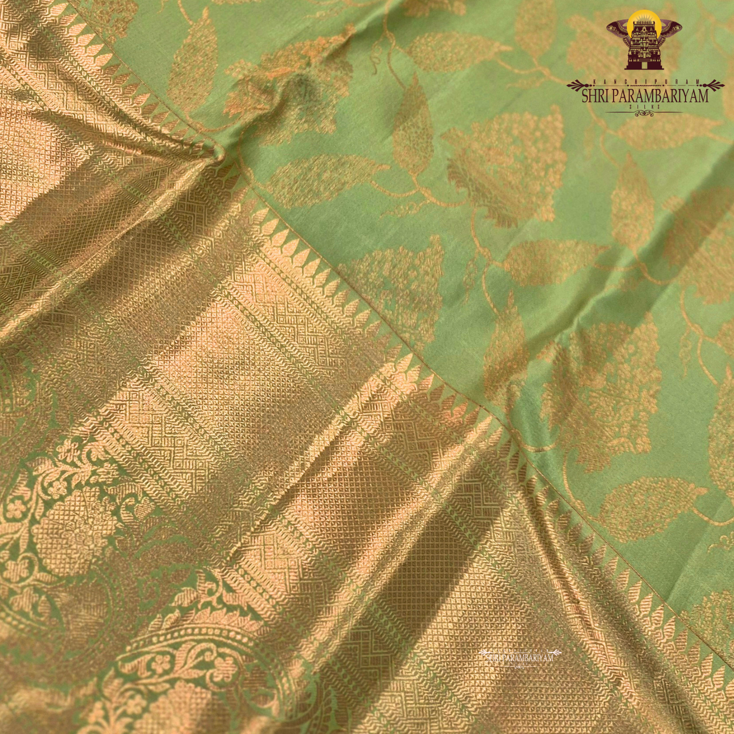 Pastel leaf green with rich gold zari and subtle meenakari accents Saree