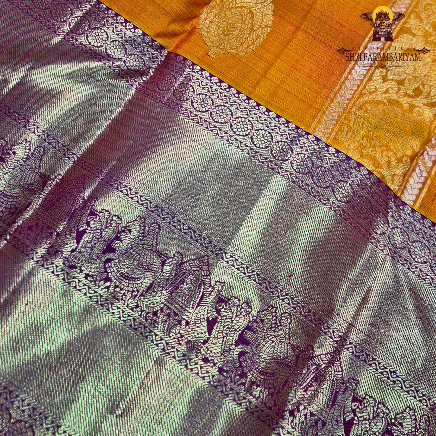 A vibrant combination of bright turmeric yellow (mustard yellow) with rich gold zari and purple contrast Saree