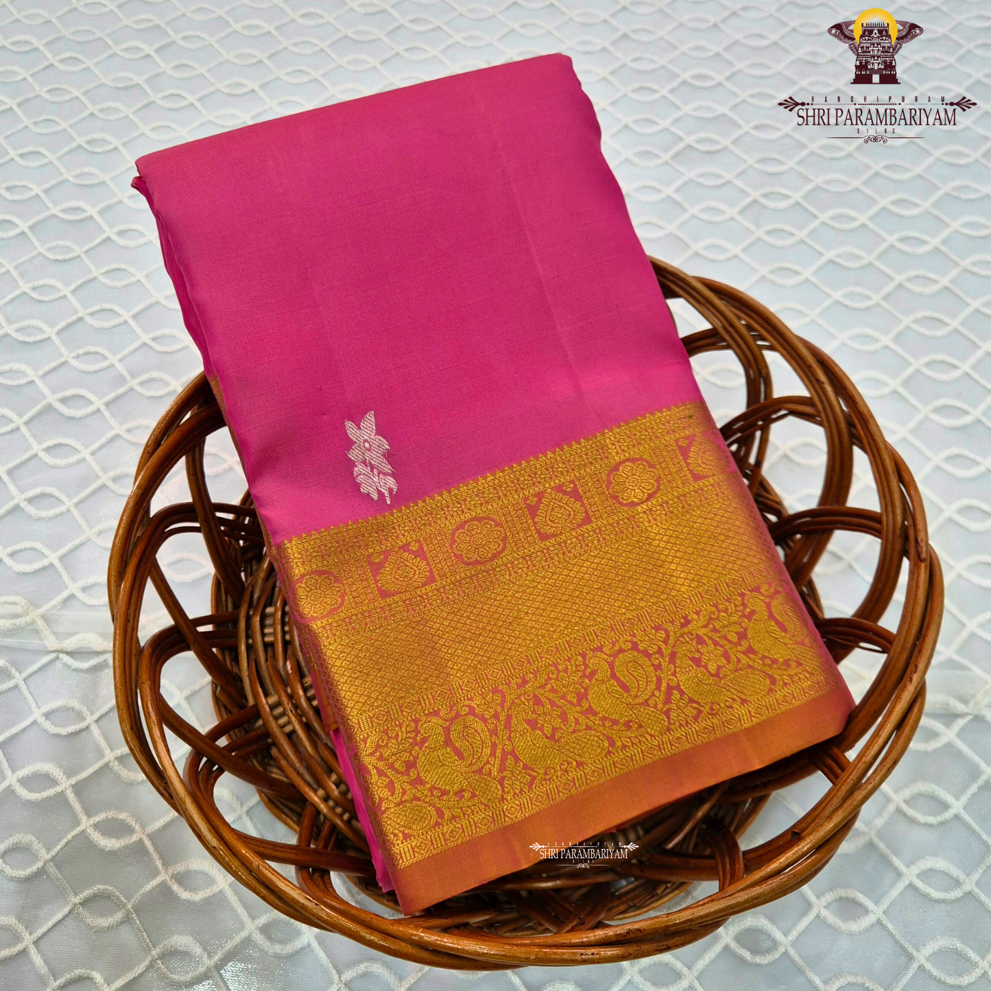 Rani Pink (Bright Pink) with rich Gold Zari Border Saree