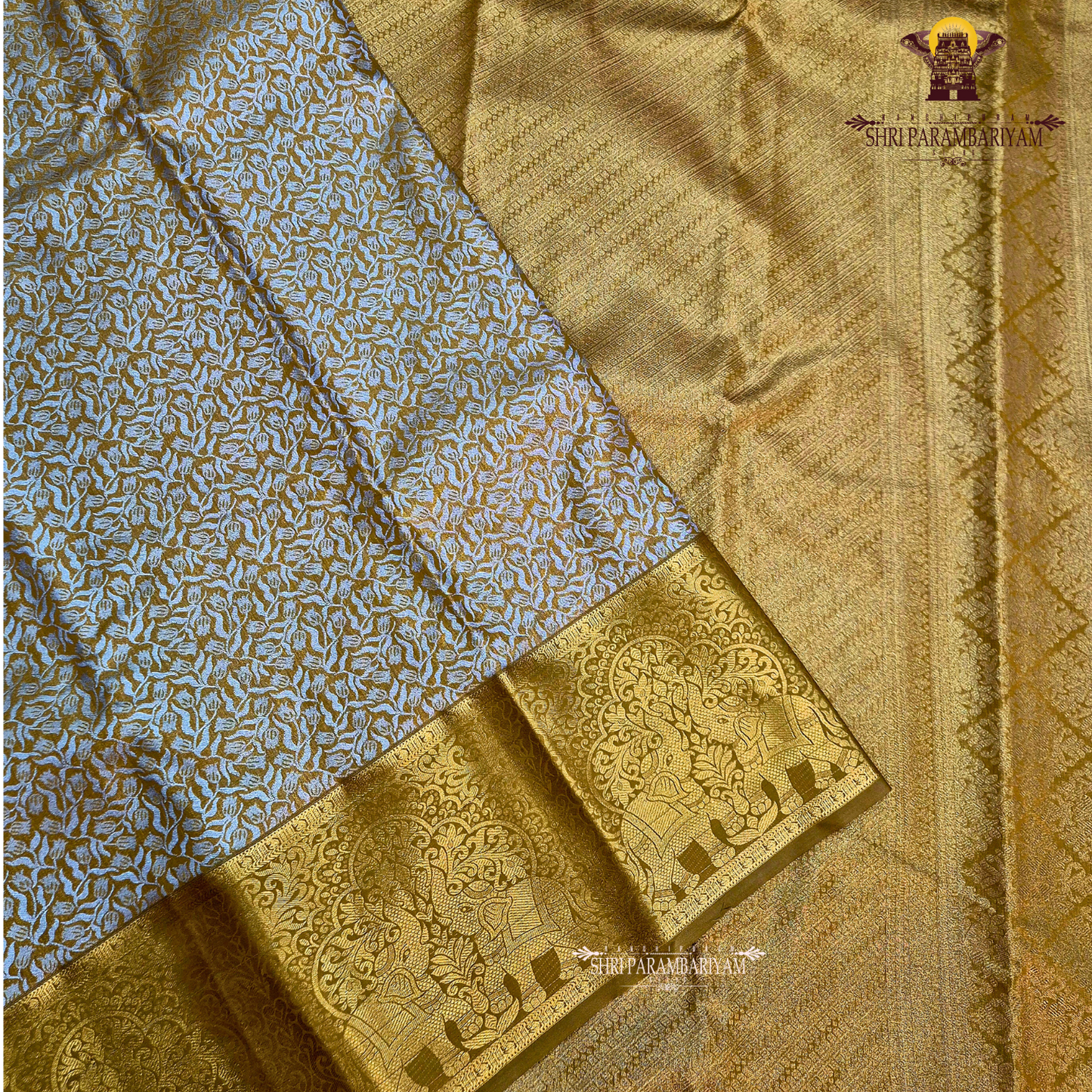 Rich mustard gold with a soft metallic tissue finish Saree