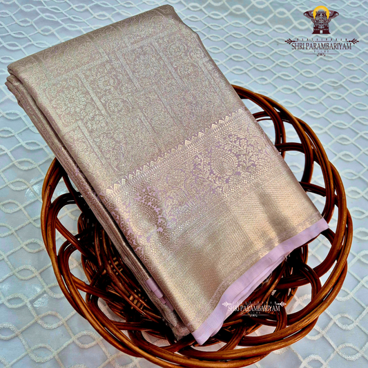 Soft champagne beige with a gentle metallic tissue sheen Saree