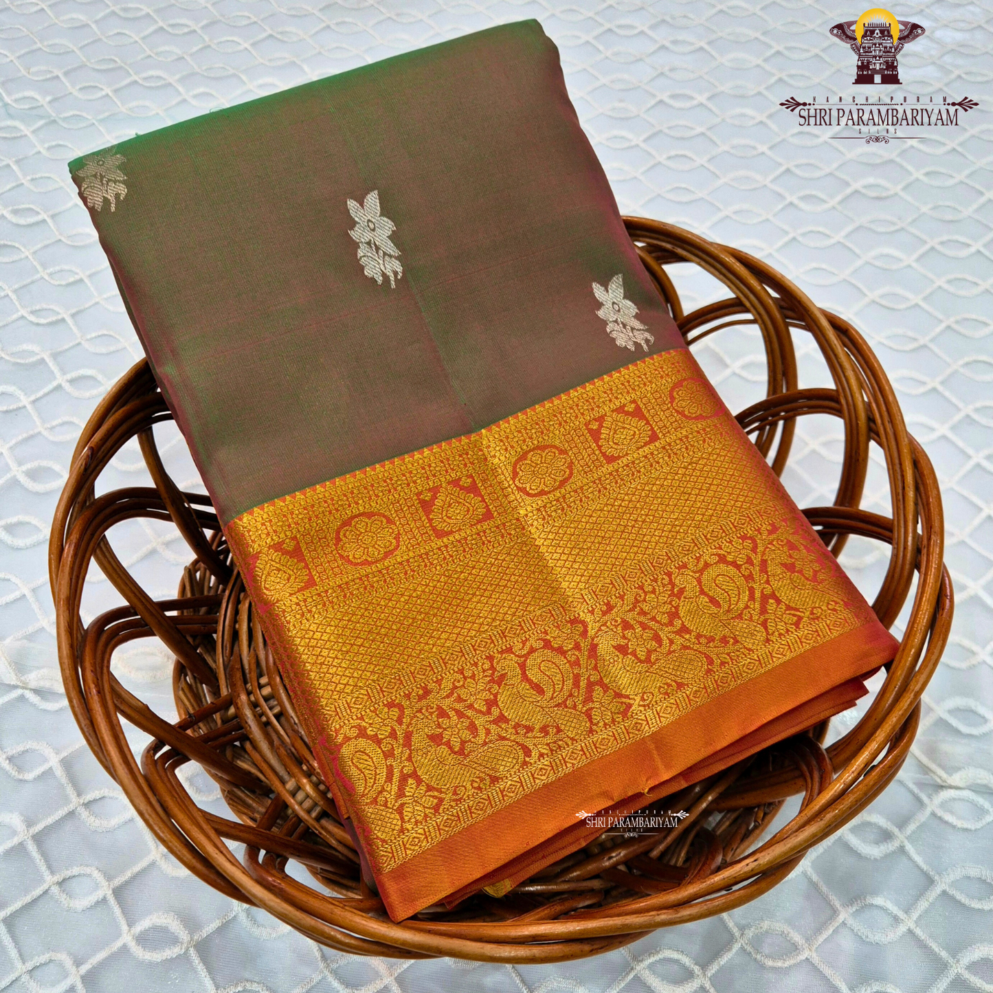 Dual Tone Olive Green with Reddish Copper Shade Saree