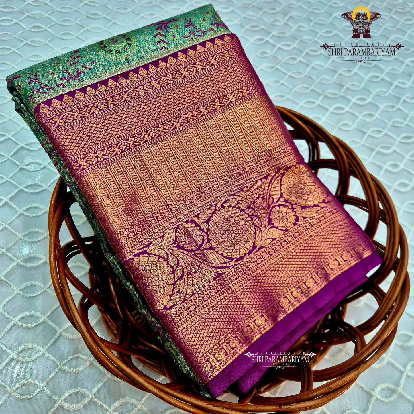A beautiful peacock green Tissue Saree