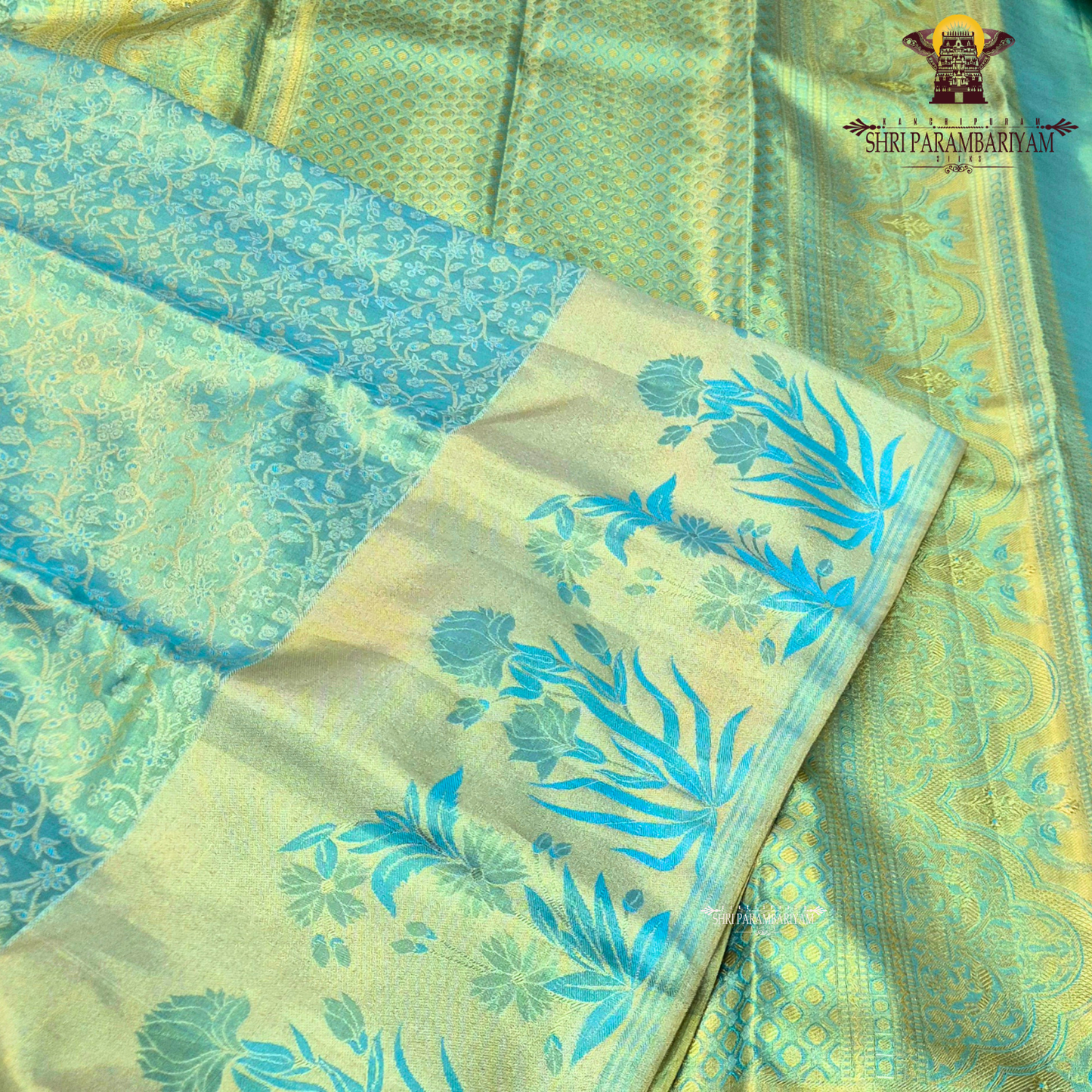 A soothing pastel pista green with a soft gold tissue sheen Saree
