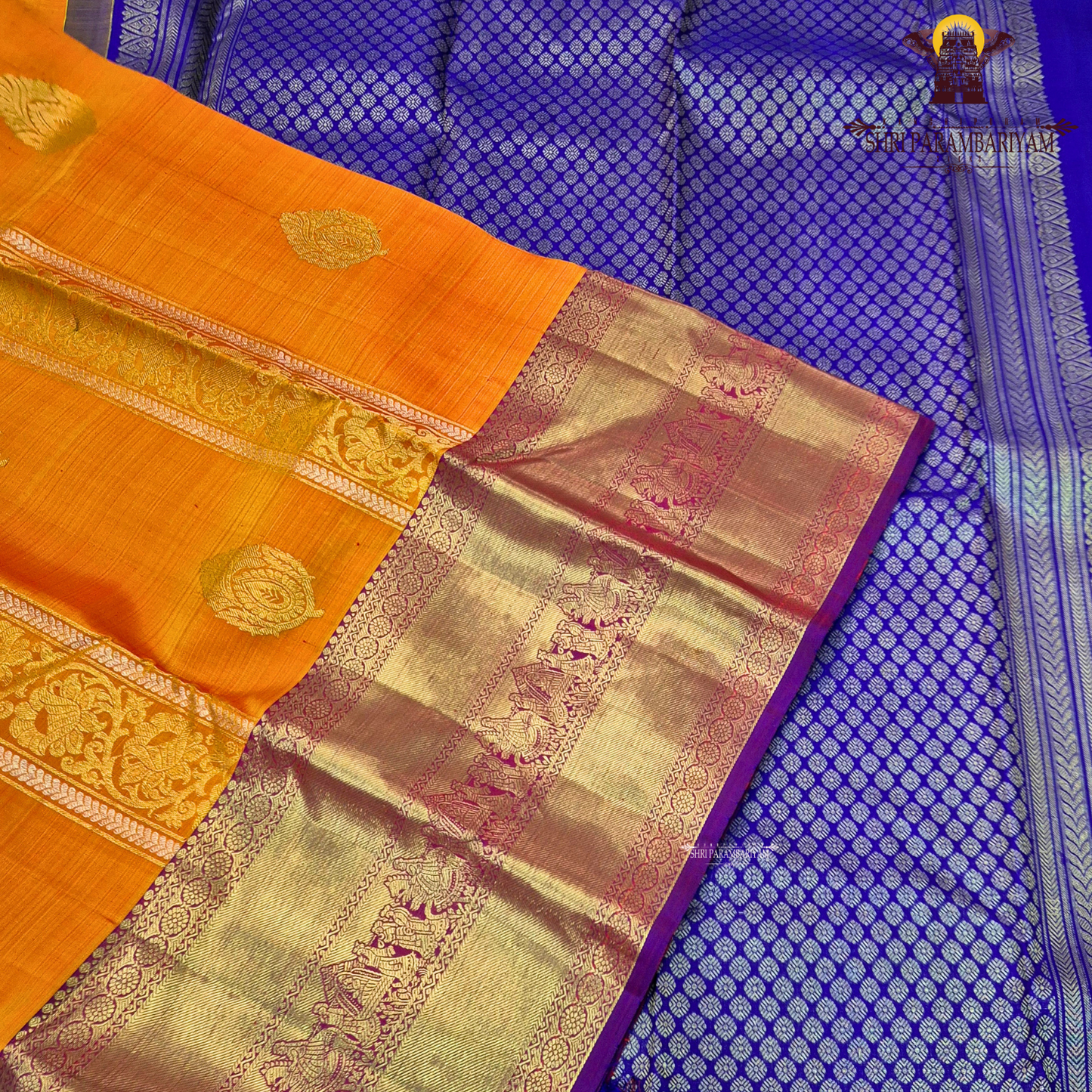 A vibrant combination of bright turmeric yellow (mustard yellow) with rich gold zari and purple contrast Saree