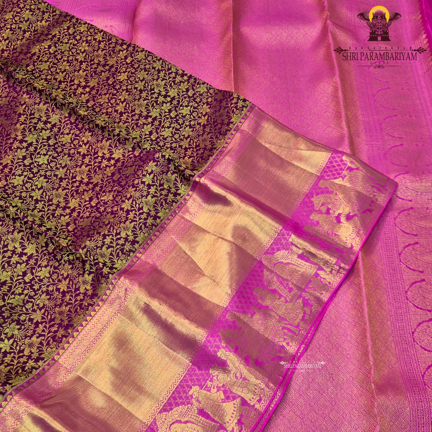 A graceful peachy gold (soft rose gold) body paired with a rich rani pink (bright magenta) Saree