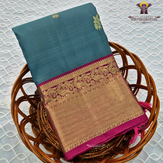 Dusty Teal Blue with Rani Pink Contrast Border Saree