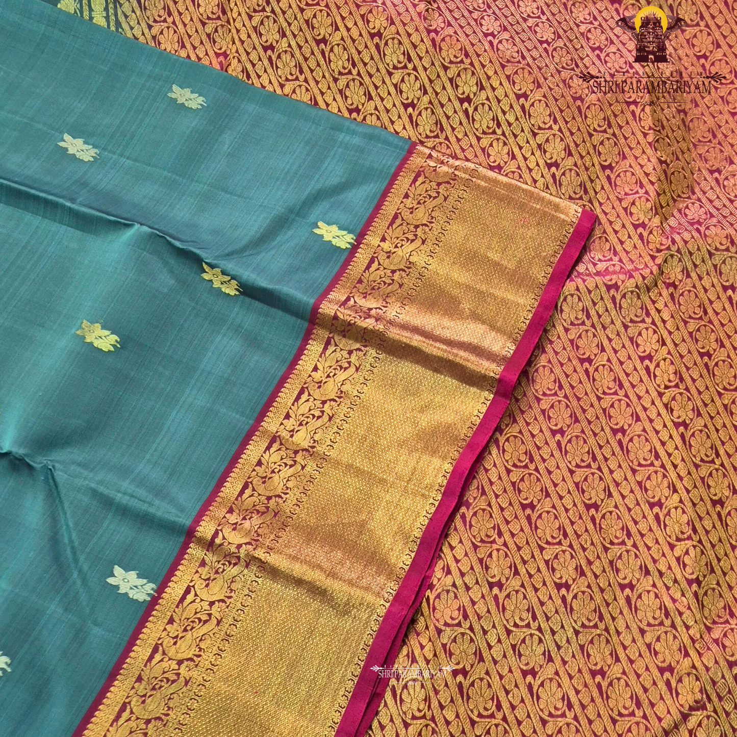 Dusty Teal Blue with Rani Pink Contrast Border Saree