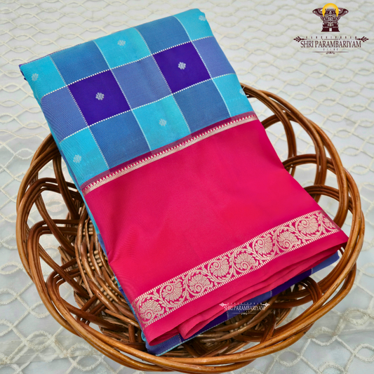 Sky blue and royal blue checked Saree