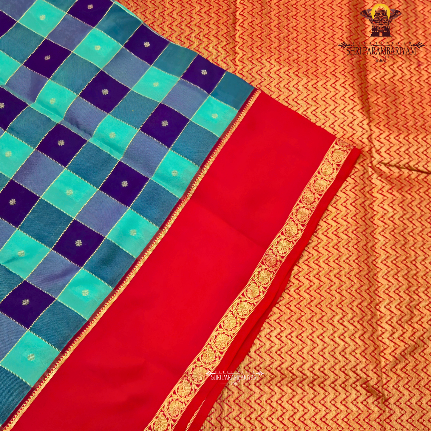 Sky blue and royal blue checked Saree