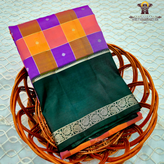 Right multicolor checks (Royal purple ,Vibrant orange ,Coral pink) Saree