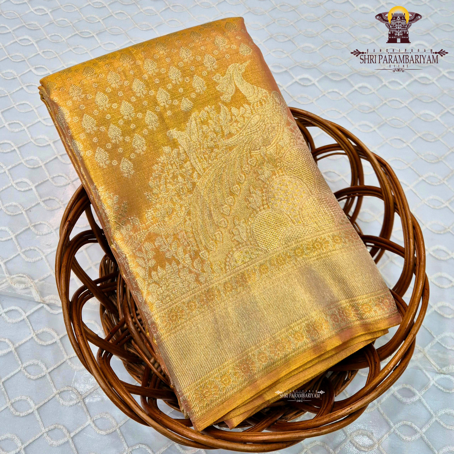 A rich mustard gold (honey gold) shade, radiating a warm and luxurious glow Saree