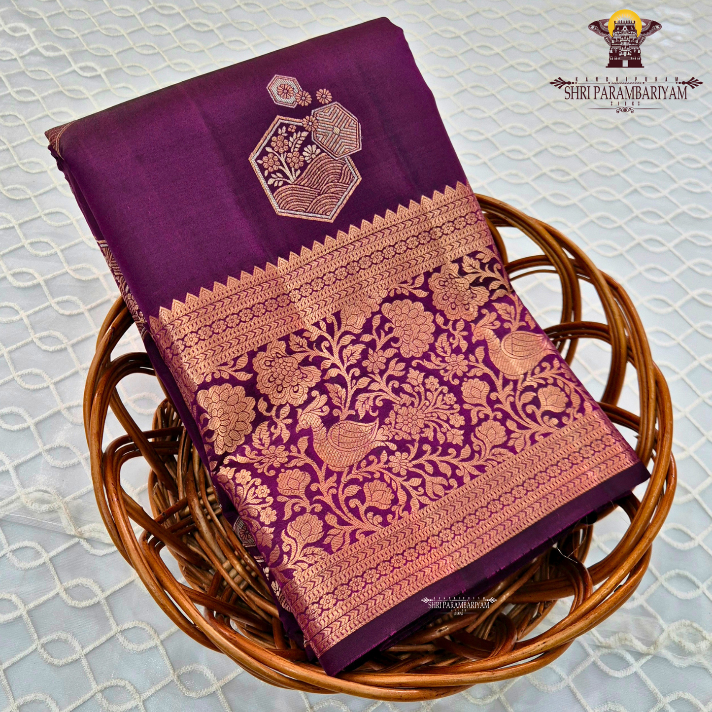 Rich royal purple (deep violet) with antique gold zari and meenakari Saree