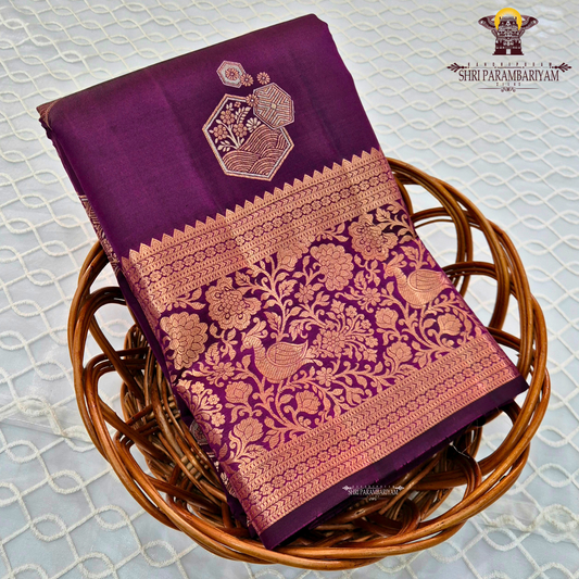 Rich royal purple (deep violet) with antique gold zari and meenakari Saree