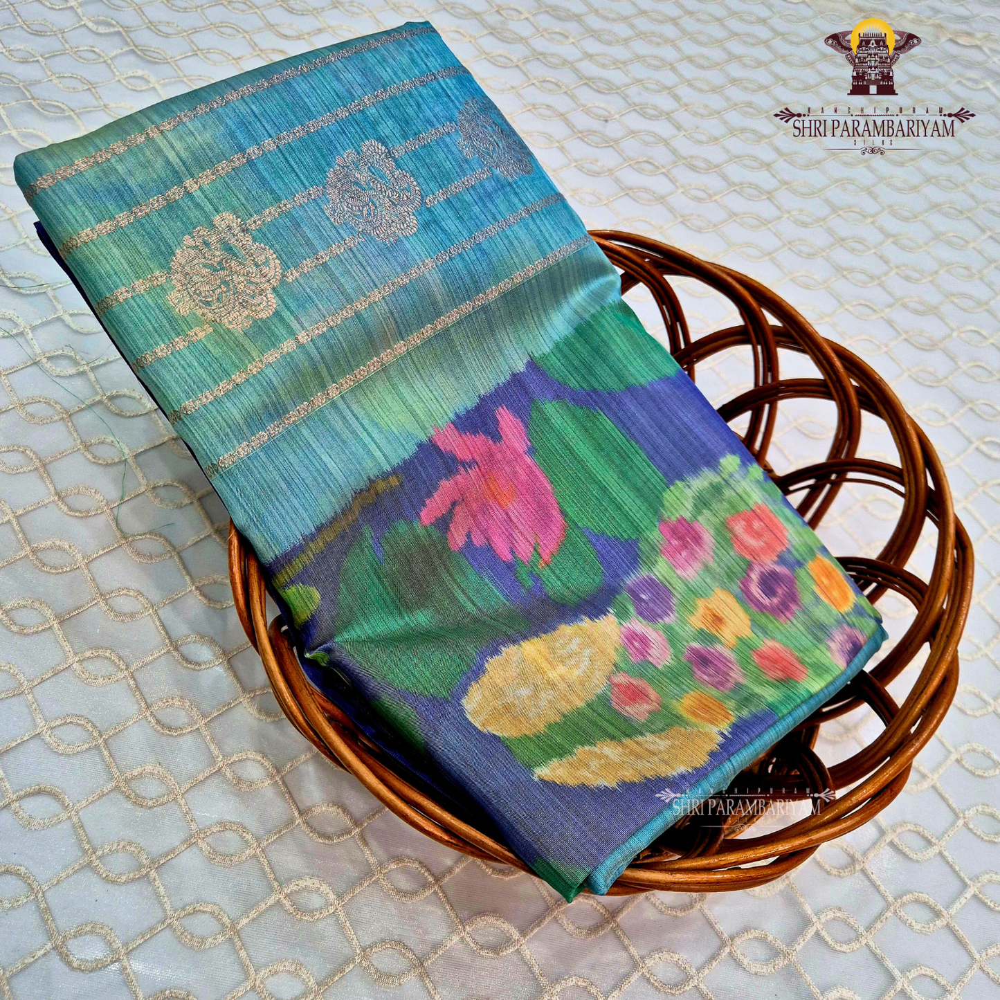 Sea-green to teal blue blend Saree