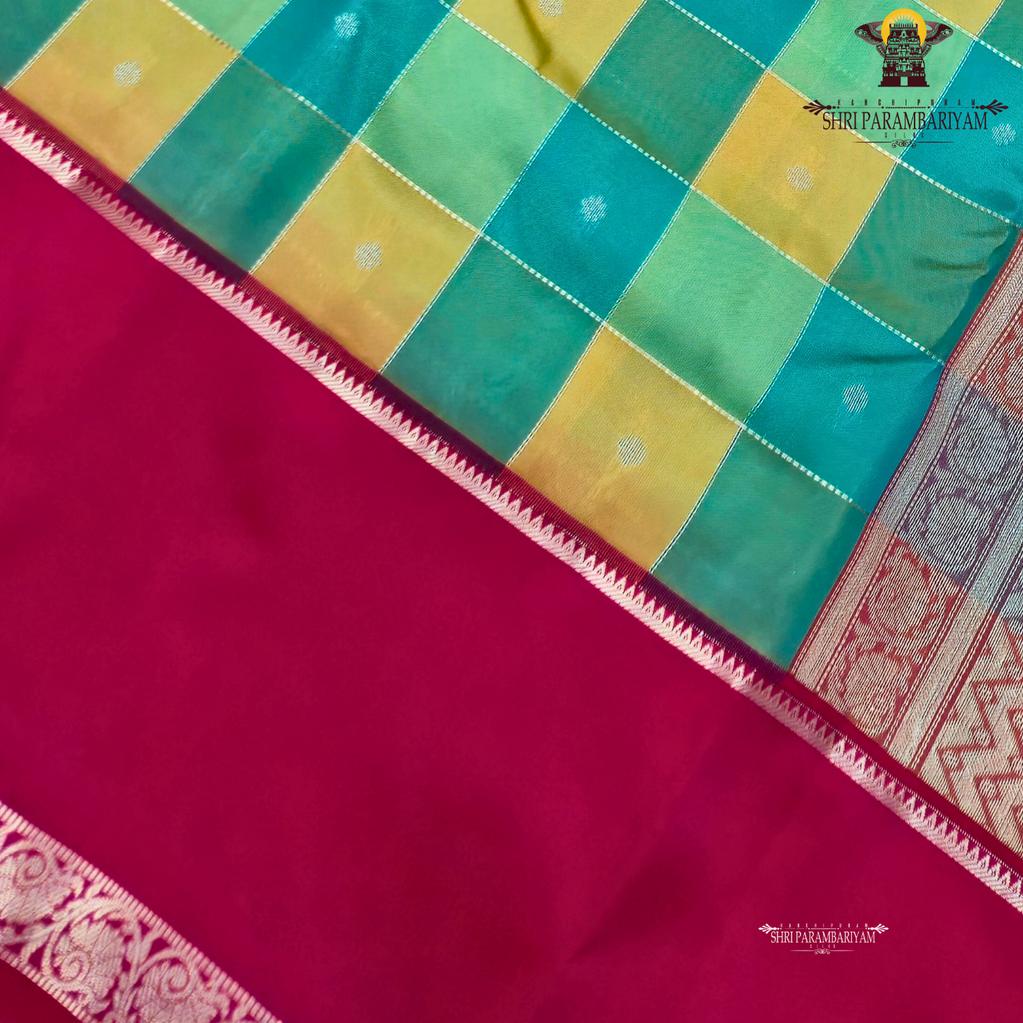 Teal green with mustard-gold checked pattern Saree