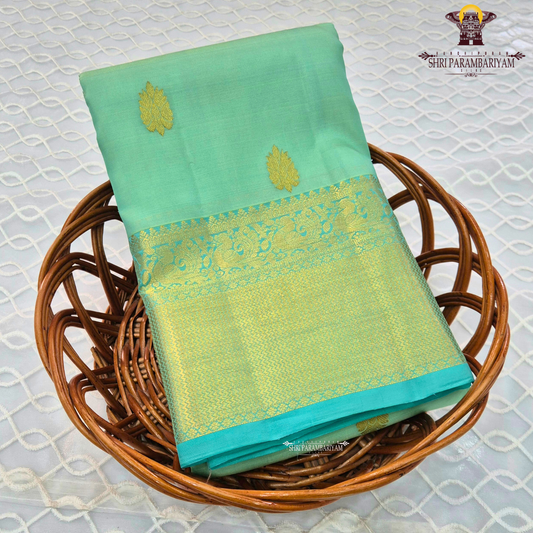A vibrant mint green body adorned with delicate Saree