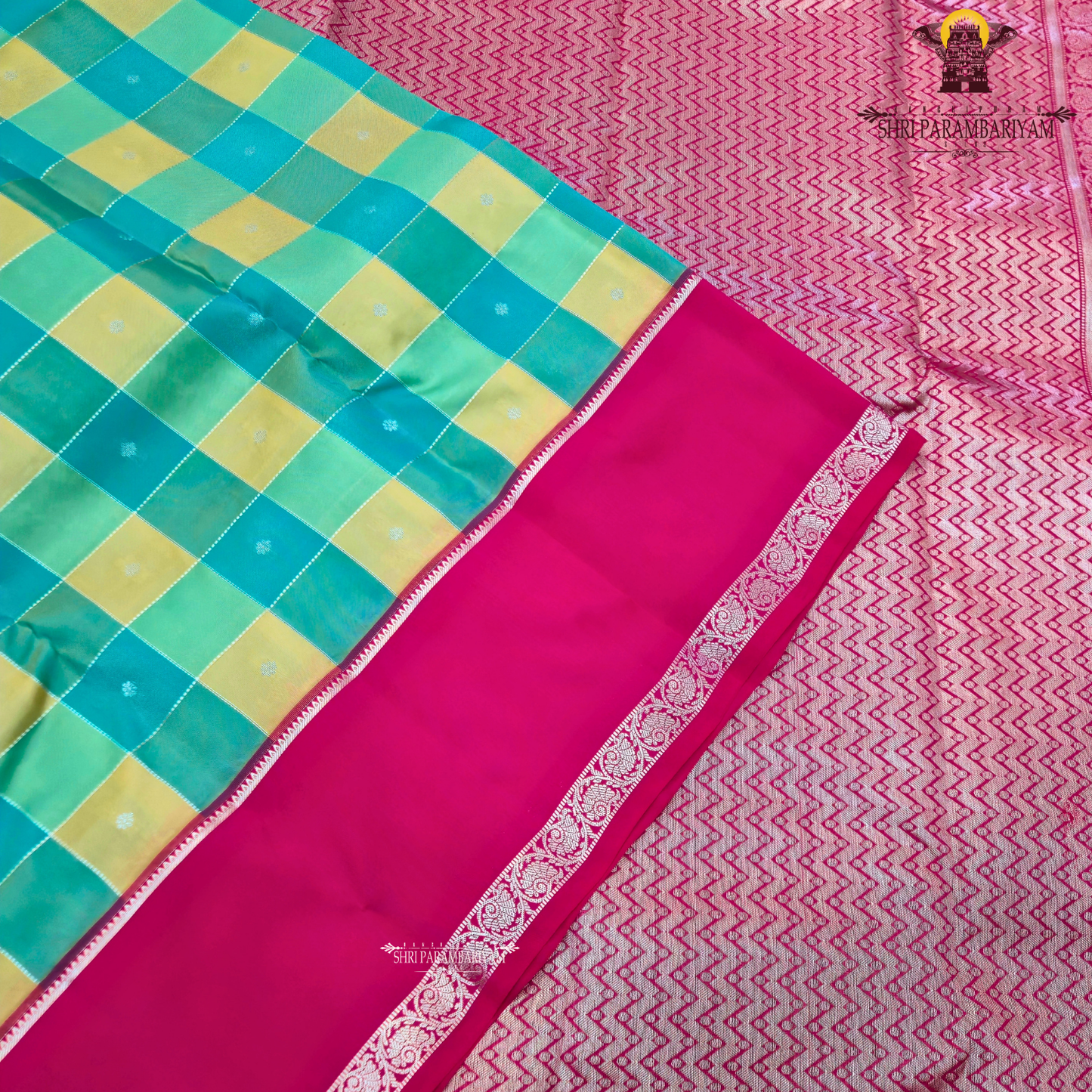 Teal green with mustard-gold checked pattern Saree