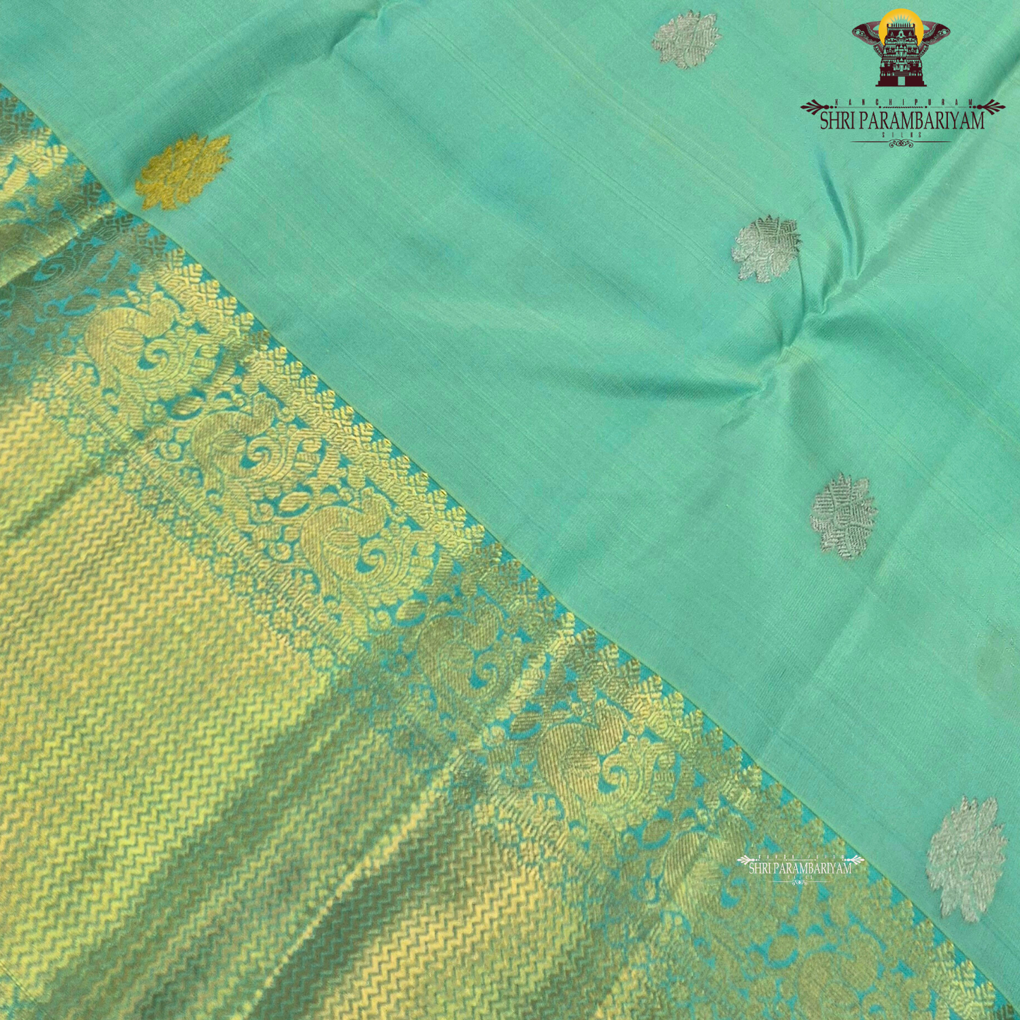 A vibrant mint green body adorned with delicate Saree
