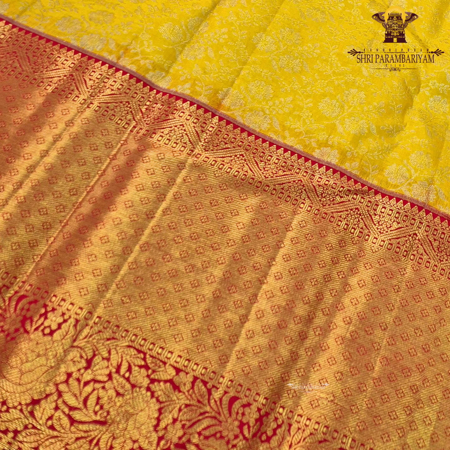 Vibrant sunshine yellow body paired with a rich red border Saree