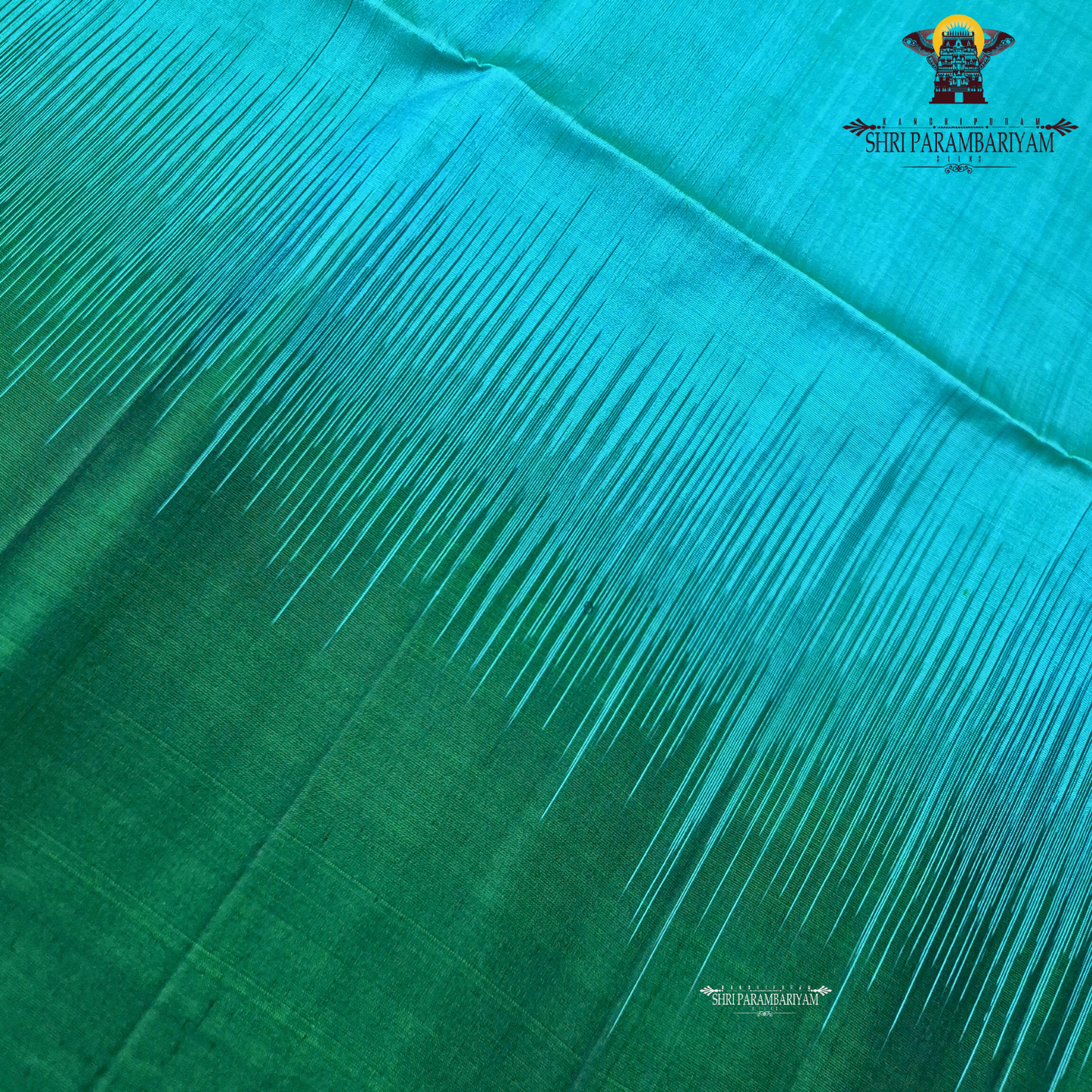 A soothing turquoise blue body complemented by a contrasting dark bottle green border Saree