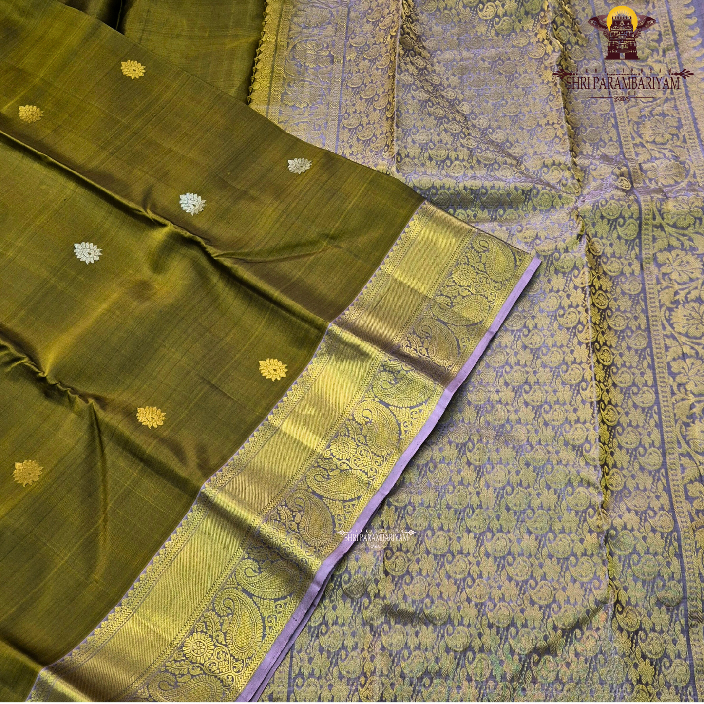 Elegant olive green / moss green body with gold zari buttas Saree