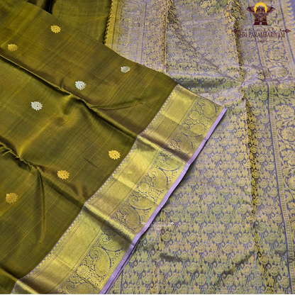Elegant olive green / moss green body with gold zari buttas Saree