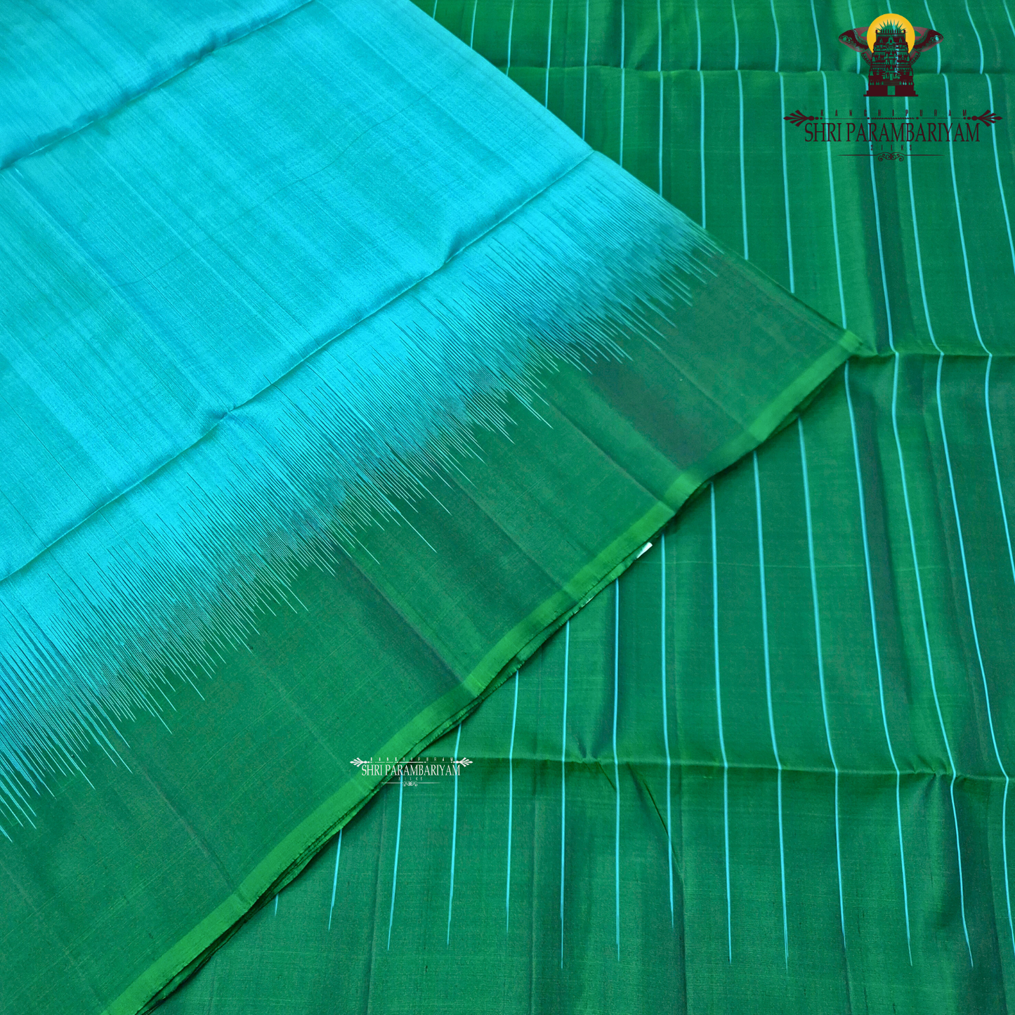 A soothing turquoise blue body complemented by a contrasting dark bottle green border Saree