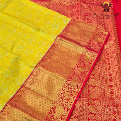 Vibrant sunshine yellow body paired with a rich red border Saree