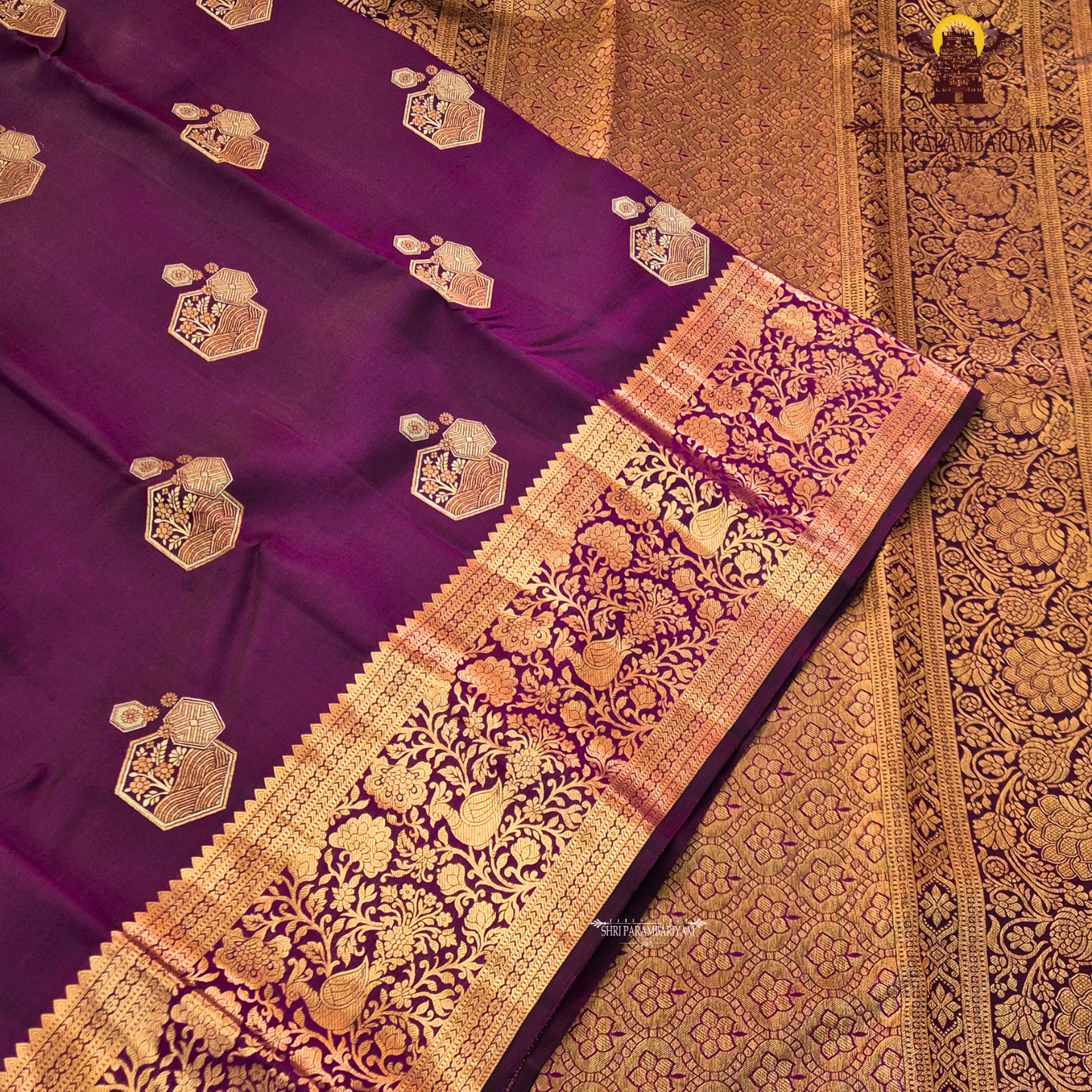 Rich royal purple (deep violet) with antique gold zari and meenakari Saree