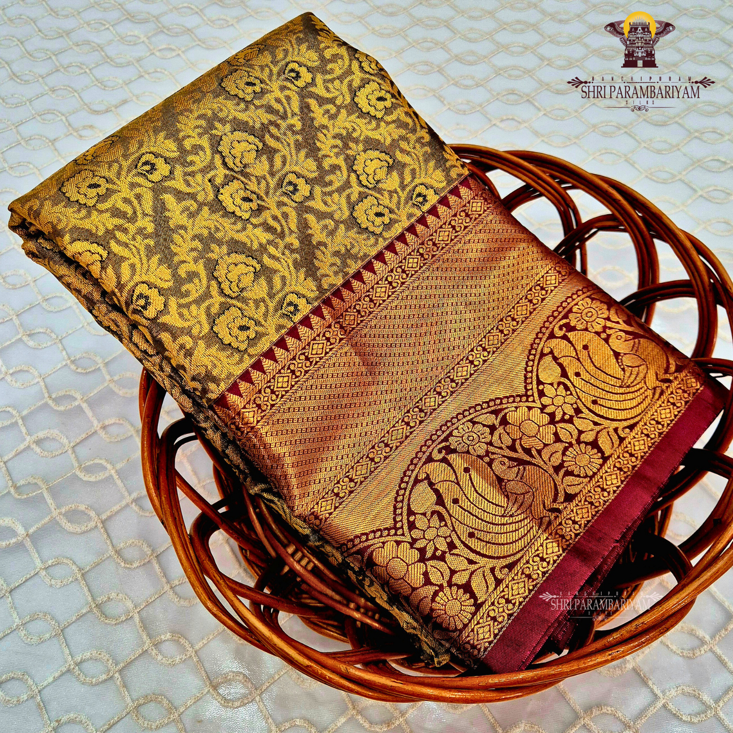Antique gold with olive-brown undertone Saree